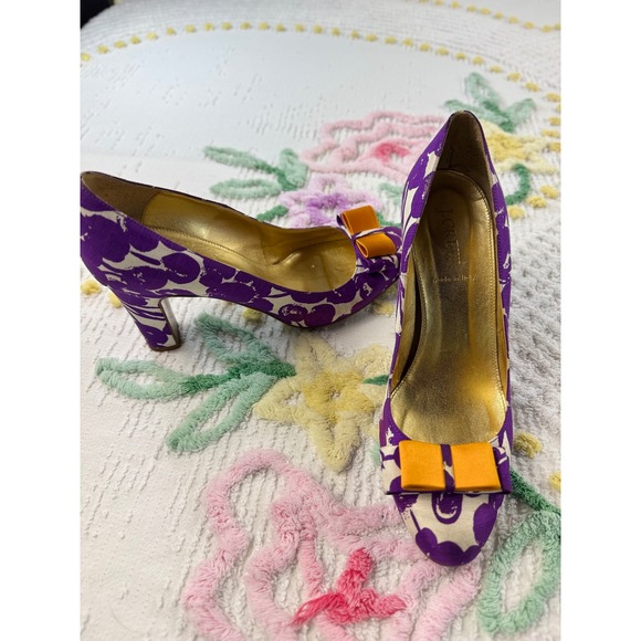 J. Crew Purple Floral Print Heels with Orange Bow Made in Italy Women's Size 8.5 - Picture 4 of 7